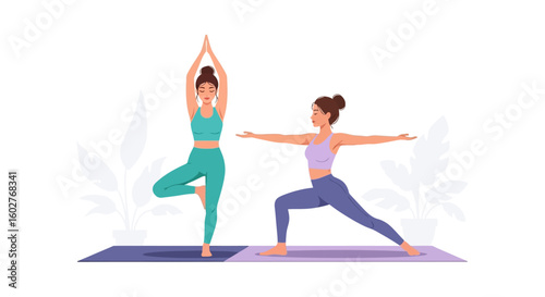 Two women practice yoga poses on mats, demonstrating balance and strength.