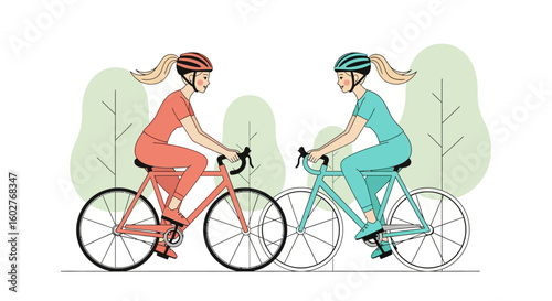 Two women in cycling gear, side-by-side, enjoying a leisurely bike ride in a park-like setting.