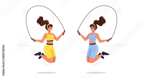 Two women jumping rope, exercising, and enjoying a fitness routine.
