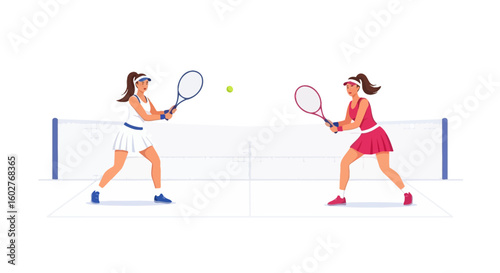 Two female tennis players in action, poised to hit a ball, on a tennis court.