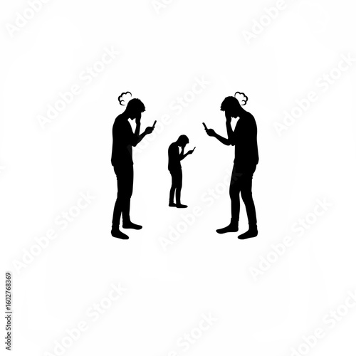 Silhouette of person checking phone again and again in disappointment on white background