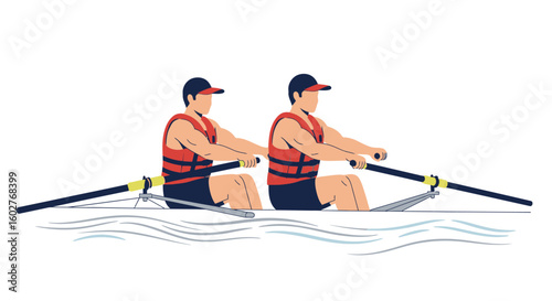 Two rowers in a boat, wearing life vests and caps, rowing in sync on water.