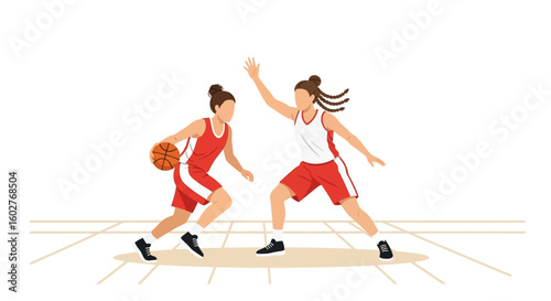 Two female basketball players intensely compete, one dribbling, the other defending, on a court.