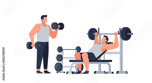Two men weightlifting; one using dumbbells, the other bench pressing.