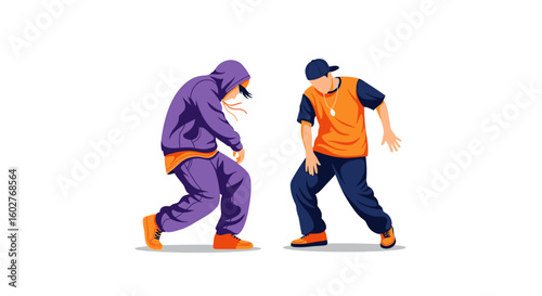 Two hip-hop dancers, one in purple, one in orange, perform dynamic poses against a white background.