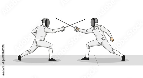 Two fencers in white protective gear engage in a competitive duel, swords crossed.