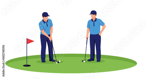 Two golfers preparing to putt on a green, aiming for the hole with a flag.