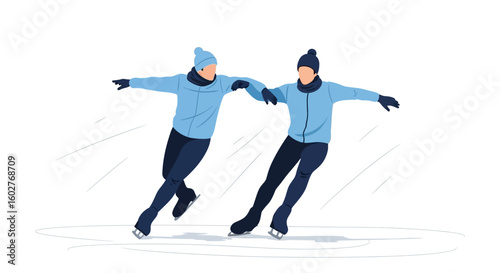 Two figures in blue jackets ice skating together, holding hands and gliding across the ice.