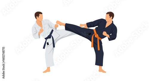 Two martial artists in uniforms are engaged in a sparring match, one kicking towards the other.