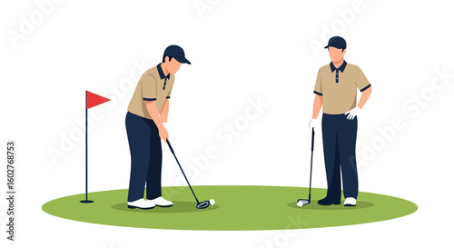 Two golfers preparing to putt a golf ball on a green course.