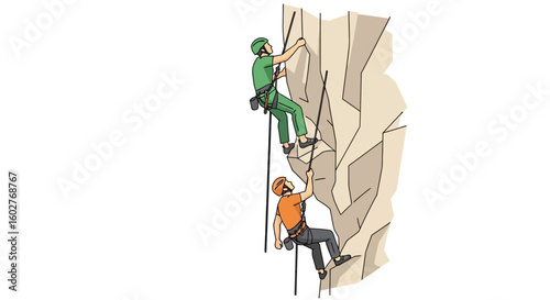 Two rock climbers ascend a steep rock face using ropes and safety gear.