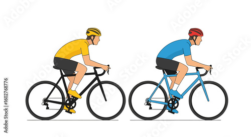 Two cyclists in profile view, riding road bikes, wearing helmets and cycling attire.