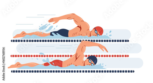 Two competitive swimmers execute a powerful freestyle stroke in a swimming pool, showcasing their technique and speed.
