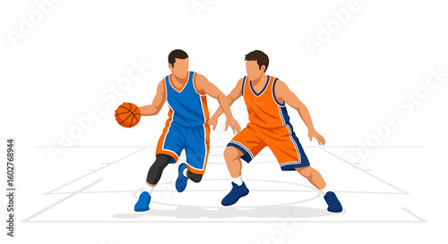 Two basketball players intensely compete, one dribbling while the other defends, showcasing dynamic court action.