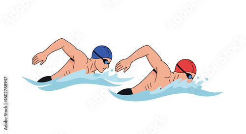 Two swimmers in freestyle stroke,  exhibiting athleticism and competitive spirit in a stylized illustration.