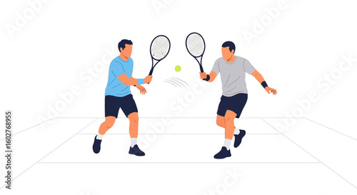 Two male tennis players intensely engaged in a dynamic rally, showcasing their athleticism and skill on the court.