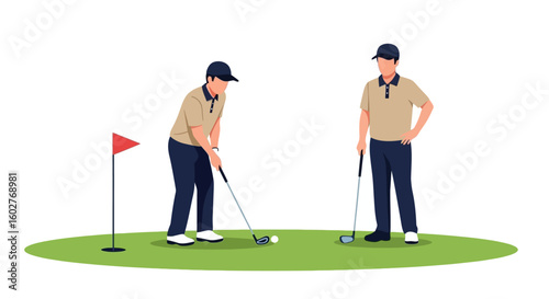 Two golfers on a putting green, one preparing to putt, the other observing.