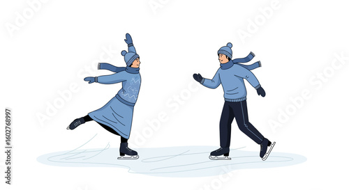 A couple ice-skates outdoors, enjoying a winter activity.  They wear warm winter clothing and are gracefully gliding on the ice.