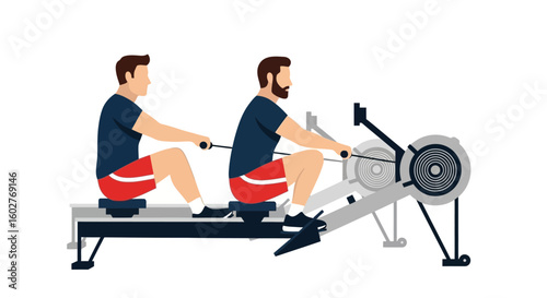 Two men rowing on a machine, demonstrating proper form and technique during a fitness workout.