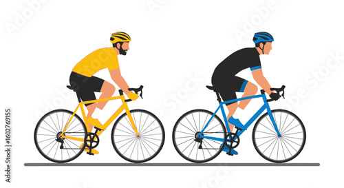 Two cyclists ride road bikes side-by-side, showcasing athleticism and teamwork.
