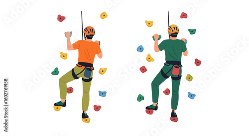 Two climbers ascending an indoor climbing wall with colorful holds, wearing harnesses and helmets.