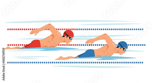 Two swimmers in a swimming pool, competing in a breaststroke race.