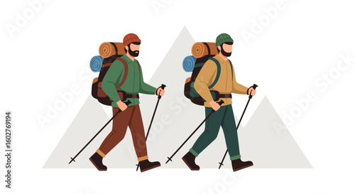 Two hikers with backpacks and trekking poles walk in front of stylized mountains.