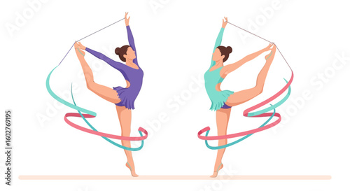 Two rhythmic gymnasts perform graceful ribbon routines, showcasing balance and flexibility.