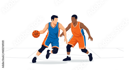 Two basketball players in action, competing for the ball on a court.