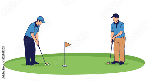 Two golfers preparing to putt on a green, aiming for the hole.
