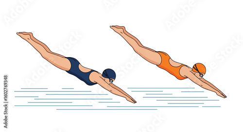 Two female swimmers diving into water, showcasing synchronized swimming style.