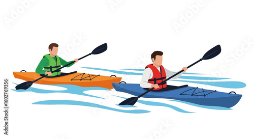 Two people kayaking on water, paddling with oars, wearing life vests.