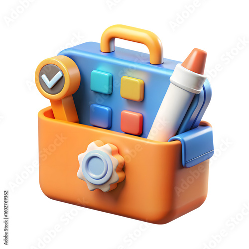 3d cartoon toolbox with tools and checkmark isolated on transparent background
