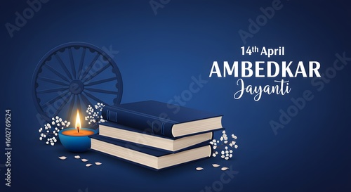 Honoring ambedkar jayanti with a symbolic arrangement of books a lit candle and the ashoka chakra against a deep blue backdrop