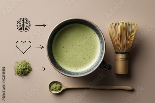 Calming matcha bowl sits smooth surface, accompanied by bamboo whisk and matcha powder. image features arrows symbolizing connection between brain health and love, creating serene and thoughtful