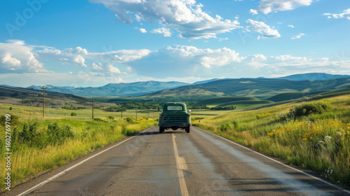 A classic green pickup truck driving down an open road surrounded by expansive fields and majestic mountains under a blue sky.