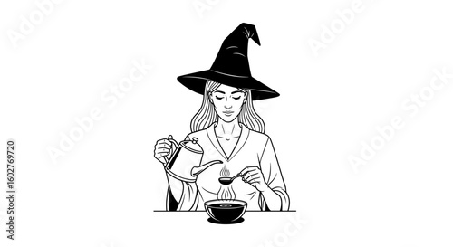 Witch carefully measuring ingredients while brewing a potion, showcasing her magical expertise