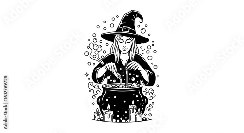 Witch stirring a bubbling cauldron filled with magical ingredients, immersed in the art of potion-making