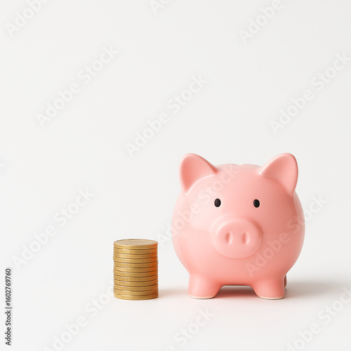 Cute pink piggy bank beside stack of gold coins on white background – symbol of savings and money management
