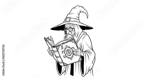 Elderly wizard reading a mysterious spellbook with focus and wisdom