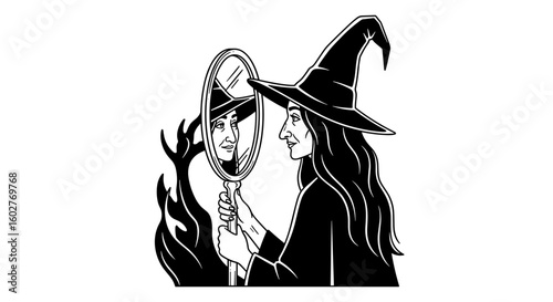 Witch gazing into a magical mirror, revealing her mystical reflection with intrigue