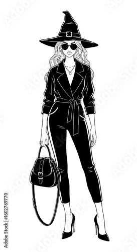 Chic witch in a trendy jumpsuit and sunglasses, radiating modern fashion confidence