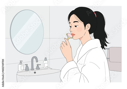 A young woman in a white bathrobe uses a pink facial roller on her face in the bathroom.