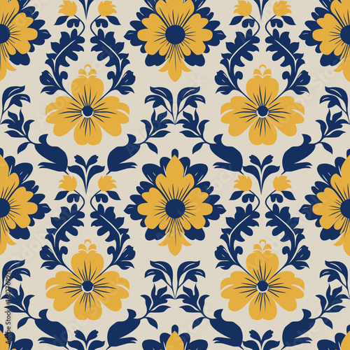 Blue yellow floral damask pattern seamless vector with floral damask pattern tile for elegant floral damask pattern backgrounds.