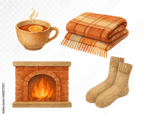 Cozy autumn set with mug of hot drink, plaid blanket, fireplace and warm wool socks, painted in soft watercolor style with warm fall colors. Vector illustration.