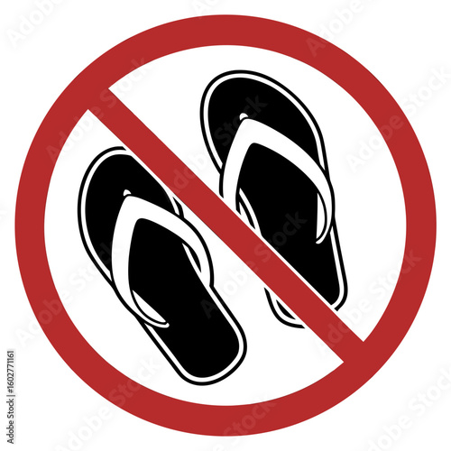 No sandals allowed, illustrated by pair of flip flops inside of red circle with cross. No sandals is an icon indicating prohibition, warning people, and enforcing regulations.