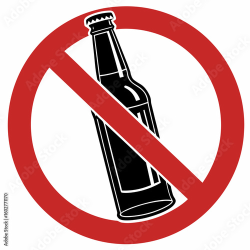 No alcohol symbol featuring black glass bottle crossed out with red circle, symbol prohibiting alcohol consumption. No alcohol restriction and rules, showing restrictions on beverages.