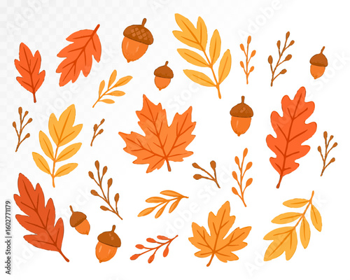 Collection of autumn leaves and acorns in orange, red and yellow colors, hand-drawn in watercolor style with soft textures and natural details. Vector illustration.