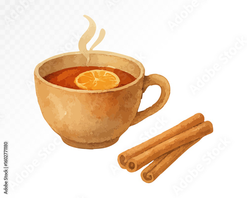 Hot spiced drink with orange slice in brown mug and two cinnamon sticks, drawn in cozy autumn mood using watercolor style and warm earthy tones. Vector illustration.