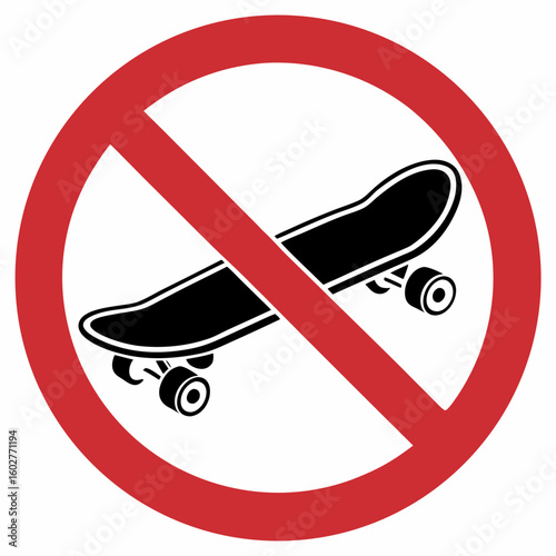 No skateboarding sign displays skateboard symbol in red circle with line. No skateboarding allowed, representing prohibition of skating in specific areas, depicted clearly.